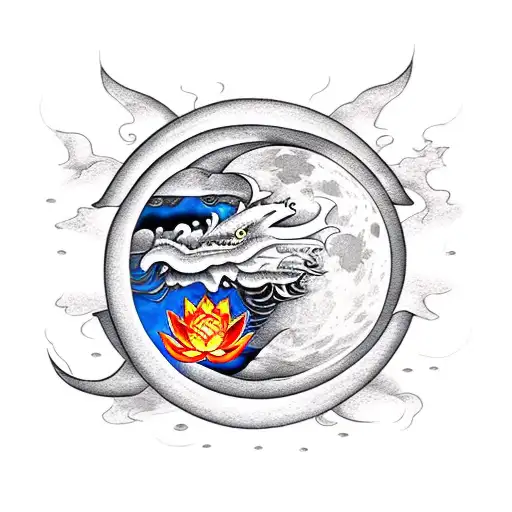 dragon & lotus, moon, sun tattoo design idea