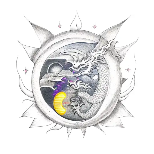 dragon & lotus, moon, sun tattoo design idea