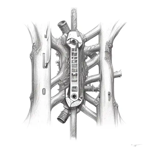 A mechanic's wrench transforming into a tree trunk tattoo design idea