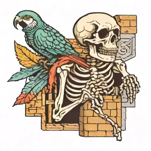 skeleton sitting up against a brick wall with a parakeet on its shoulder with a worm in its mouth tattoo design idea