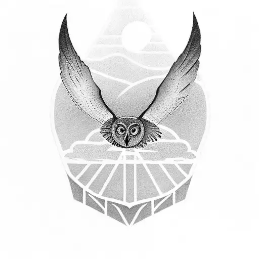 A stunning black-grey tattoo of a kayak floating on a serene lake, with an owl soaring above it tattoo design idea