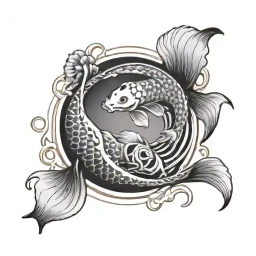 koi fish in yin Yang pose with skeleton showing  tattoo design idea