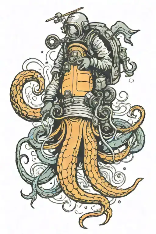 deep sea diver being pulled down by a giant squid wrapped tattoo design idea