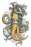 deep sea diver being pulled down by a giant squid wrapped tattoo design idea