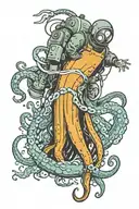 deep sea diver being pulled down by a giant squid wrapped tattoo design idea