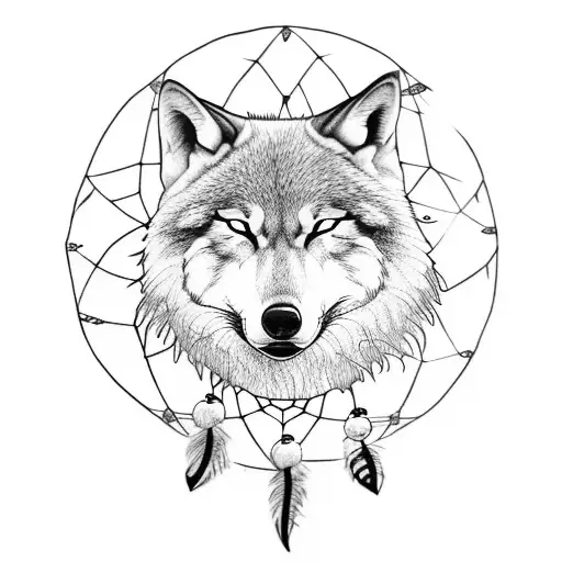 Dreamcatcher with a sleeping wolf tattoo design idea
