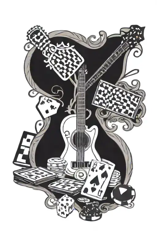 MUSIC NOTES, TREE OF LIFE, DNA STRAND, POKER CHIPS, PLAYING CARDS, DICE, GIBSON GUITAR, CHESS PIECES, CHECKERED FLAG tattoo design idea