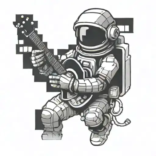 Create a tattoo of a pixelated astronaut playing a guitar in a gaming-inspired setting tattoo design idea