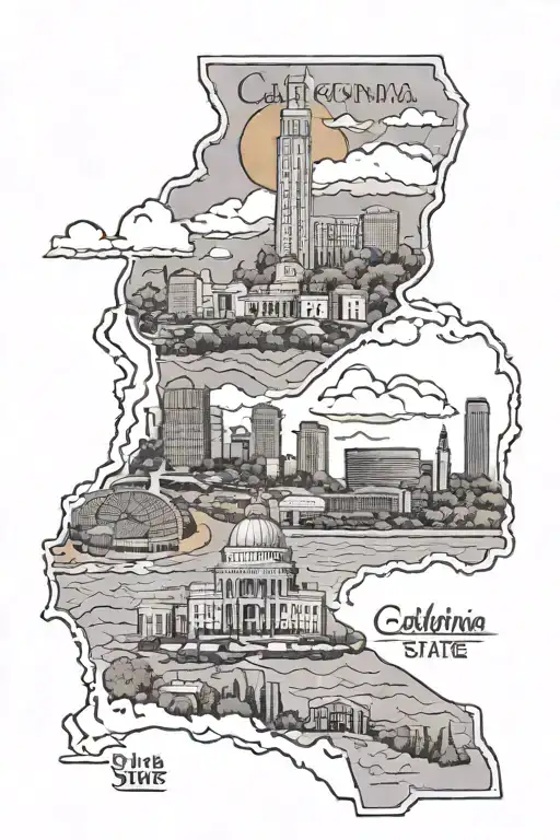 California state outline with three parts top being the Oakland coliseum, Tracy ca, and San Diego tattoo design idea