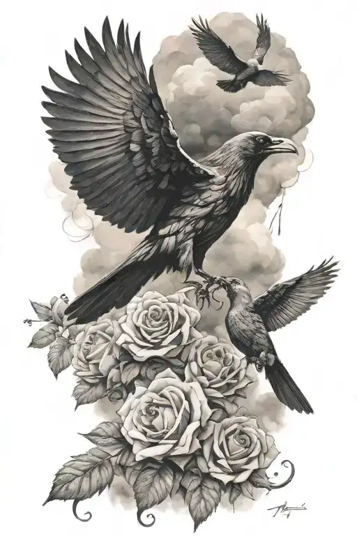 raven fighting with a dove, cloud and storm, roses at the bottom tattoo design idea