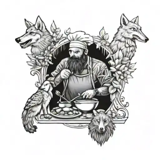 A dotwork tattoo of a punk reggae chef preparing food with a wolf, stork, and bee as helpers tattoo design idea