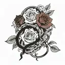 A ring intertwined with a rose vine, with anime characters peeking out from behind the petals tattoo design idea