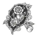 A ring intertwined with a rose vine, with anime characters peeking out from behind the petals tattoo design idea