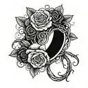 A ring intertwined with a rose vine, with anime characters peeking out from behind the petals tattoo design idea