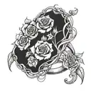 A ring intertwined with a rose vine, with anime characters peeking out from behind the petals tattoo design idea