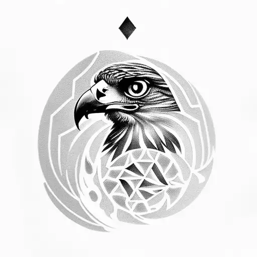 A black-grey tattoo of a hawk's eye surrounded by intricate geometric patterns, symbolizing personal safety and awareness tattoo design idea