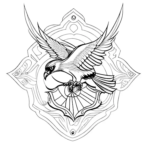 A feminine line-art-style tattoo of a hawk perched on a shield, symbolizing personal safety and protection tattoo design idea