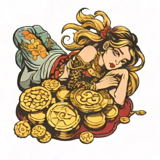 girl laying on golden coins tattoo design idea