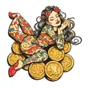 girl laying on golden coins tattoo design idea