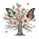 leafless tree, butterfly, cherry blossom tree tattoo design idea