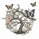 leafless tree, butterfly, cherry blossom tree tattoo design idea