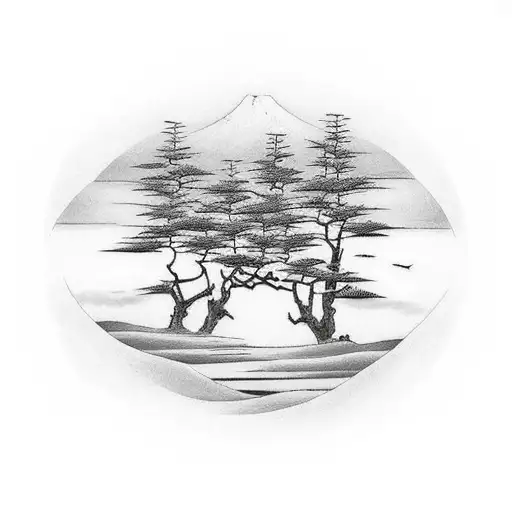 A minimalist tattoo of a serene landscape with a biblical verse subtly integrated into the scenery, highlighting the beauty of nature tattoo design idea