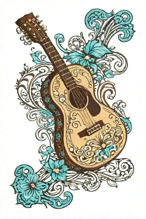 acoustic guitar surrounded by western scrollwork with turquoise beads tattoo design idea