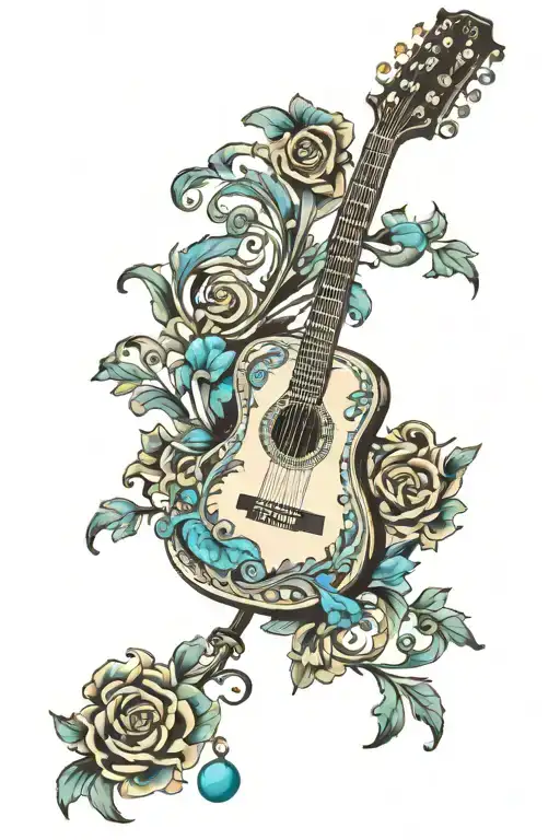 acoustic guitar surrounded by western scrollwork with turquoise beads tattoo design idea