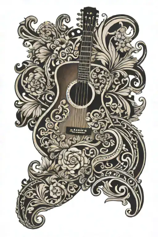 acoustic guitar surrounded by western scrollwork background tattoo design idea