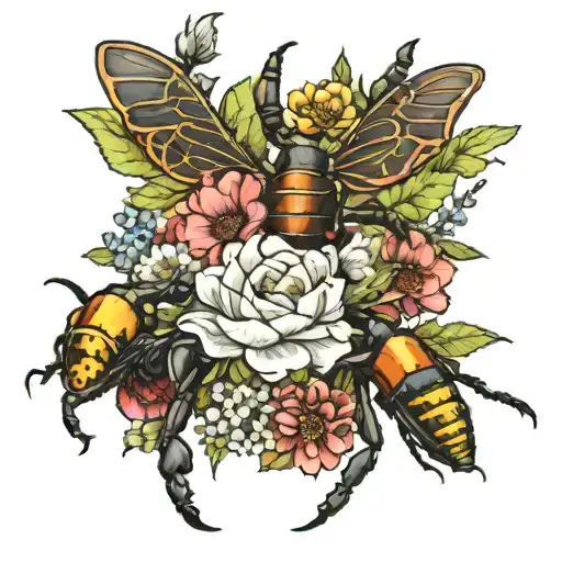 A floral arrangement incorporating a stag beetle and bee tattoo design idea