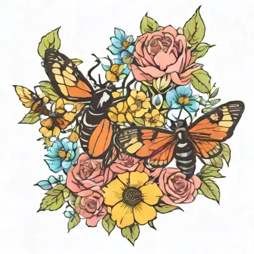 A floral arrangement incorporating the client's favorite insects (stag beetle, butterflies, bees) tattoo design idea