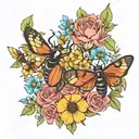 A floral arrangement incorporating the client's favorite insects (stag beetle, butterflies, bees) tattoo design idea