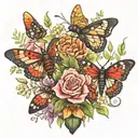 A floral arrangement incorporating the client's favorite insects (stag beetle, butterflies, bees) tattoo design idea