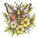 A floral arrangement incorporating the client's favorite insects (stag beetle, butterflies, bees) tattoo design idea
