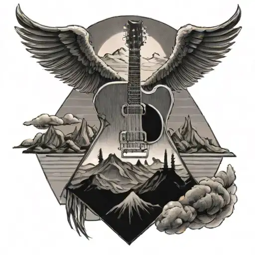 A mystical Led Zeppelin inspired tattoo featuring a mountain range and a guitar silhouette tattoo design idea