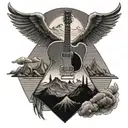 A mystical Led Zeppelin inspired tattoo featuring a mountain range and a guitar silhouette tattoo design idea