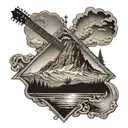 A mystical Led Zeppelin inspired tattoo featuring a mountain range and a guitar silhouette tattoo design idea