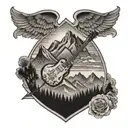 A mystical Led Zeppelin inspired tattoo featuring a mountain range and a guitar silhouette tattoo design idea