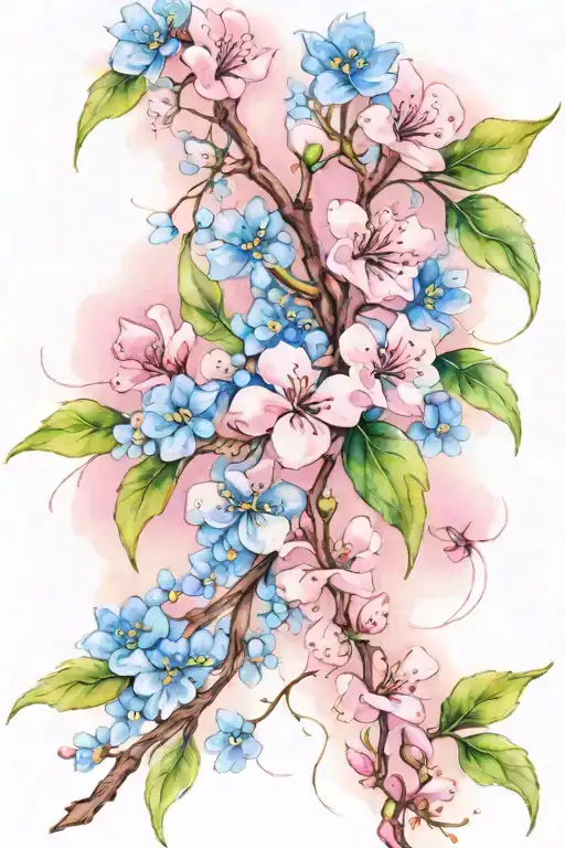 chain of cherry blossoms and forget me nots with pink cancer ribbon flowing in the wind tattoo design idea