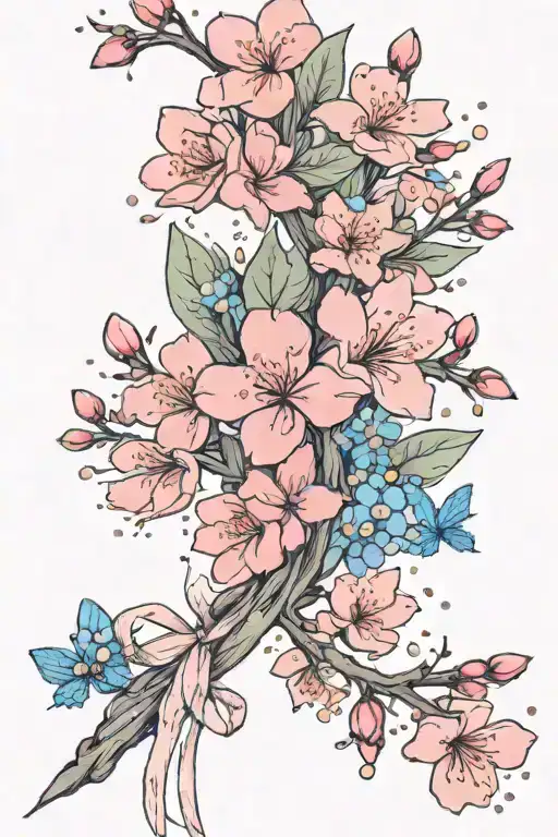 small fine chain of cherry blossoms and forget me nots with pink cancer ribbon flowing in the wind tattoo design idea