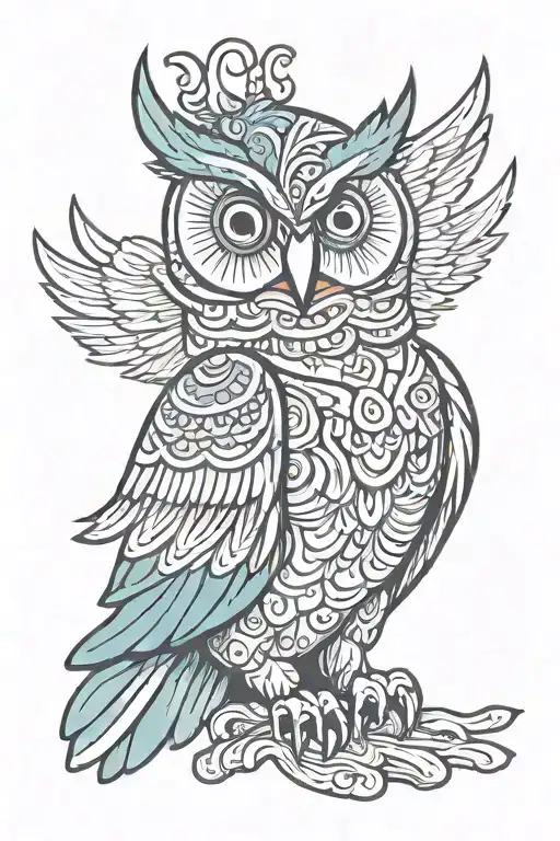 a colorfull mexican style Owl, with wings open, full frontal and happy tattoo design idea