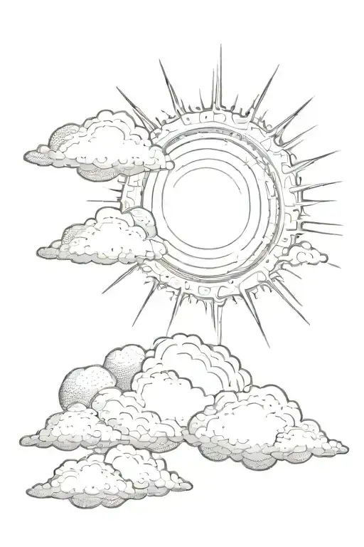 Sun, sky, cloud background black and white, dot shading  tattoo design idea