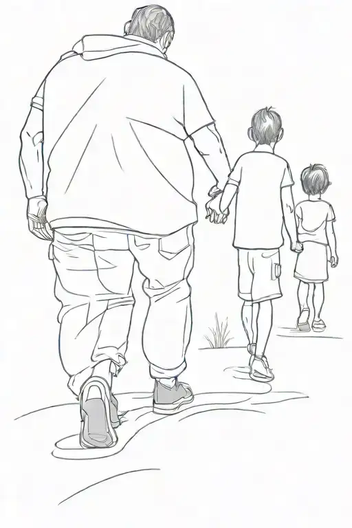 dad walking away from the shot, holding hands of son, 7 years and daughter 3x years old tattoo design idea