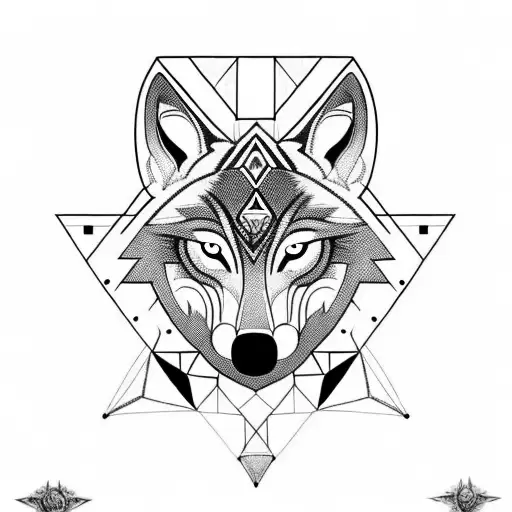 tribal wolf with three triangles embedded into the design. The first of the 3 triangles is fully shaded in black. tattoo design idea