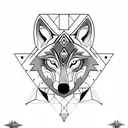 tribal wolf with three triangles embedded into the design. The first of the 3 triangles is fully shaded in black. tattoo design idea