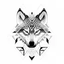 tribal wolf with three triangles embedded into the design. The first of the 3 triangles is fully shaded in black. tattoo design idea