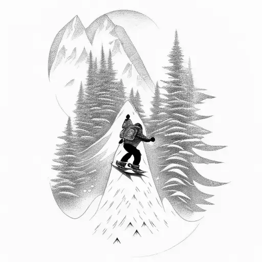 A snowboarder carving through a mountain range with a wolf spirit guide tattoo design idea