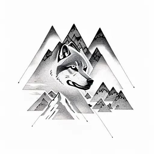 A blackwork tattoo of a mountain landscape with a wolf silhouette blending into the scenery tattoo design idea