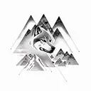 A blackwork tattoo of a mountain landscape with a wolf silhouette blending into the scenery tattoo design idea