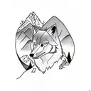 A blackwork tattoo of a mountain landscape with a wolf silhouette blending into the scenery tattoo design idea